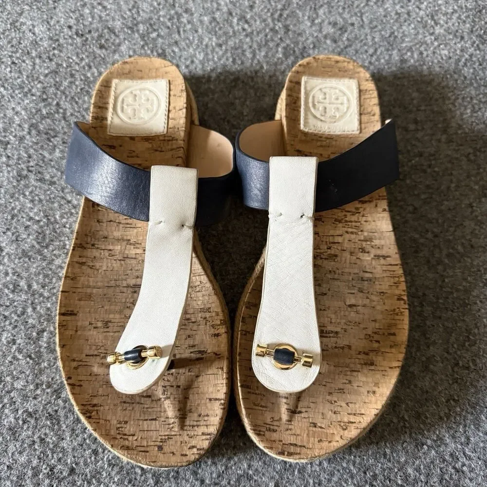 Tory Burch Logo Medallion Thong Sandals White Navy Gold Leather Women’s 8